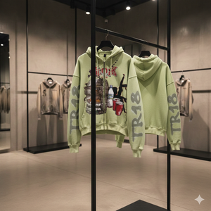 Sweat à capuche vert olive avec imprimé graphique audacieux, tissu en coton doux, coupe décontractée, fermeture éclair durable, idéal pour un usage décontracté et streetwear - Product Image 6