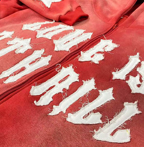 Sweat à capuche court vintage personnalisé 100 % coton avec fermeture éclair, effet vieilli, broderie appliquée, patch, délavage acide, pour homme, avec poche discrète - Product Image 6