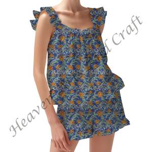 Stripe Cotton Women's Shorts Pajama <b>Set</b> <b>Sexy</b> Spring/Summer Floral Fitted Strappy Ruffle Trim Sleeves <b>PJ</b> <b>Set</b> - Product Image 3