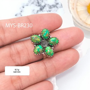 แหวนเงินสเตอร์ลิงลายดอกไม้ประดับพลอยทองแดงสีเขียว ดีไซน์สวยงาม แหวนเงินทำมือ - Product Image 1