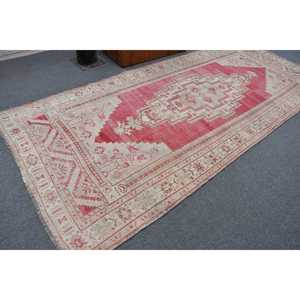 Vintage Rug, 4.9x11.3 ft Large Rug, <b>Red</b> White <b>Wool</b> Rug - Product Image 2