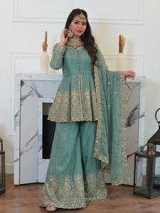 Designer Ethnic Wear Embroidery Sequence Work Fandy Silk <b>Top</b> With Plazzo Bottom And Dupatta Fully Stitched Ready To Wear Set - Product Image 1