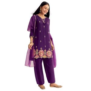 Zardosi violet travail Dola soie Kurta Palazzo costume avec Organza Dupatta vente en gros de vêtements ethniques pour femmes OEM usine de vêtements en vrac - Product Image 4