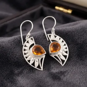 925 Silver Luxury Bohemia Drop Earrings Yellow <b>Citrine</b> Gemstone Geometric Leaf Pattern for Women Everyday Wedding Party Gift - Product Image 2