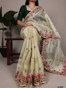 Dernier modèle de sari pour femmes, pour mariage et festivals, en tissu Zari Kota, broderie au fil, travail de broderie, avec un chemisier en soie Banglory - Product Image 2