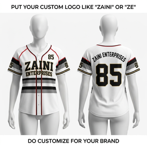 เสื้อเบสบอลพรีเมียม 180 GSM โพลีเอสเตอร์อินเตอร์ล็อค แขนสั้น สกรีนชื่อผู้เล่น แบบซับลิเมชั่น ทัคเคิลทวิลล์ สีขาว ดำ แดง ลายทาง - Product Image 1