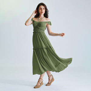 OEM Renaissance Mujeres Casual <span class=keywords><strong>Maxi</strong></span> Vestidos de gasa Cintura elástica Cuadrado Escote en V Slit A-Line Smocked Corpiño <span class=keywords><strong>Maxi</strong></span> Longitud Chic - Product Image 3