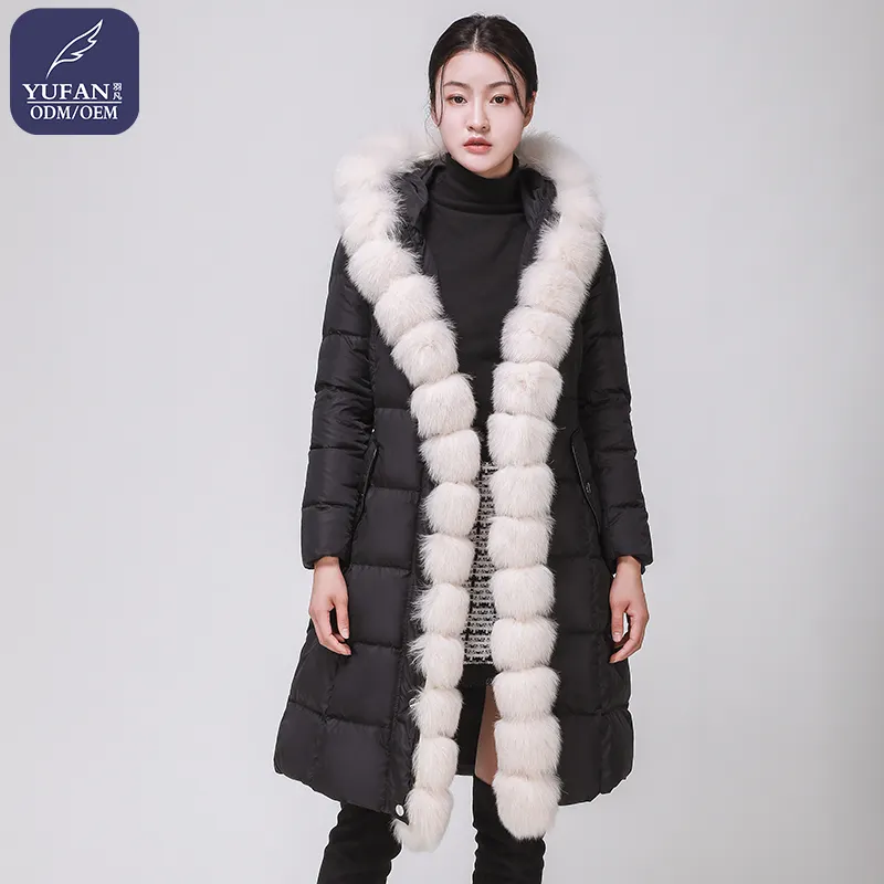 Yufan Professional Custom Winter Langer Pelz kragen um die Vorderseite Lap Down Jacke Damen Kapuzen Daunen mantel Schlanker Daunen mantel