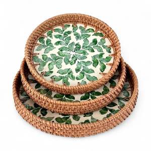 Plateau décoratif en rotin bohème, nacre, fait à la main, flexible, écologique, incrustation de coquillages naturels, pour un usage domestique, Vietnam - Product Image 2