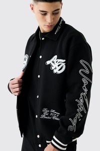 Veste universitaire unisexe en laine à fermeture à boutons broderie chenille col montant noir grande taille streetwear d'hiver essentiel tissé - Product Image 2