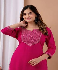 Kurta en coton fantaisie avec broderie, pour un usage quotidien, séchage rapide, taille unique, en stock, prix de gros, vêtement ethnique, rose - Product Image 2