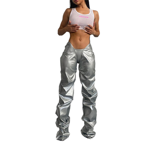 Pantalones de Cuero Sintético Plateado, Cintura Alta, Corte Holgado, Estilo Y2K, Pantalones de Moda para Mujer, Color Sólido, Cintura Elástica - Product Image 1