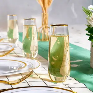 9oz Unbreakable Tritan Plastic Stemless Champagne Flute Drinking Gold Rim Plastic Wine Glass For Wedding