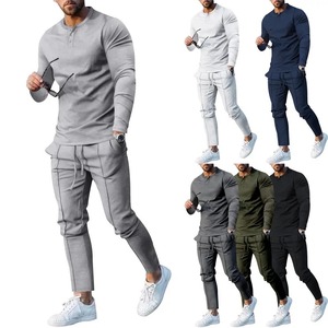 Automne nouvelle grande taille hommes couleur unie Henry pantalon à manches longues costume tendance nouveau survêtement à carreaux ensembles pour hommes - Product Image 3