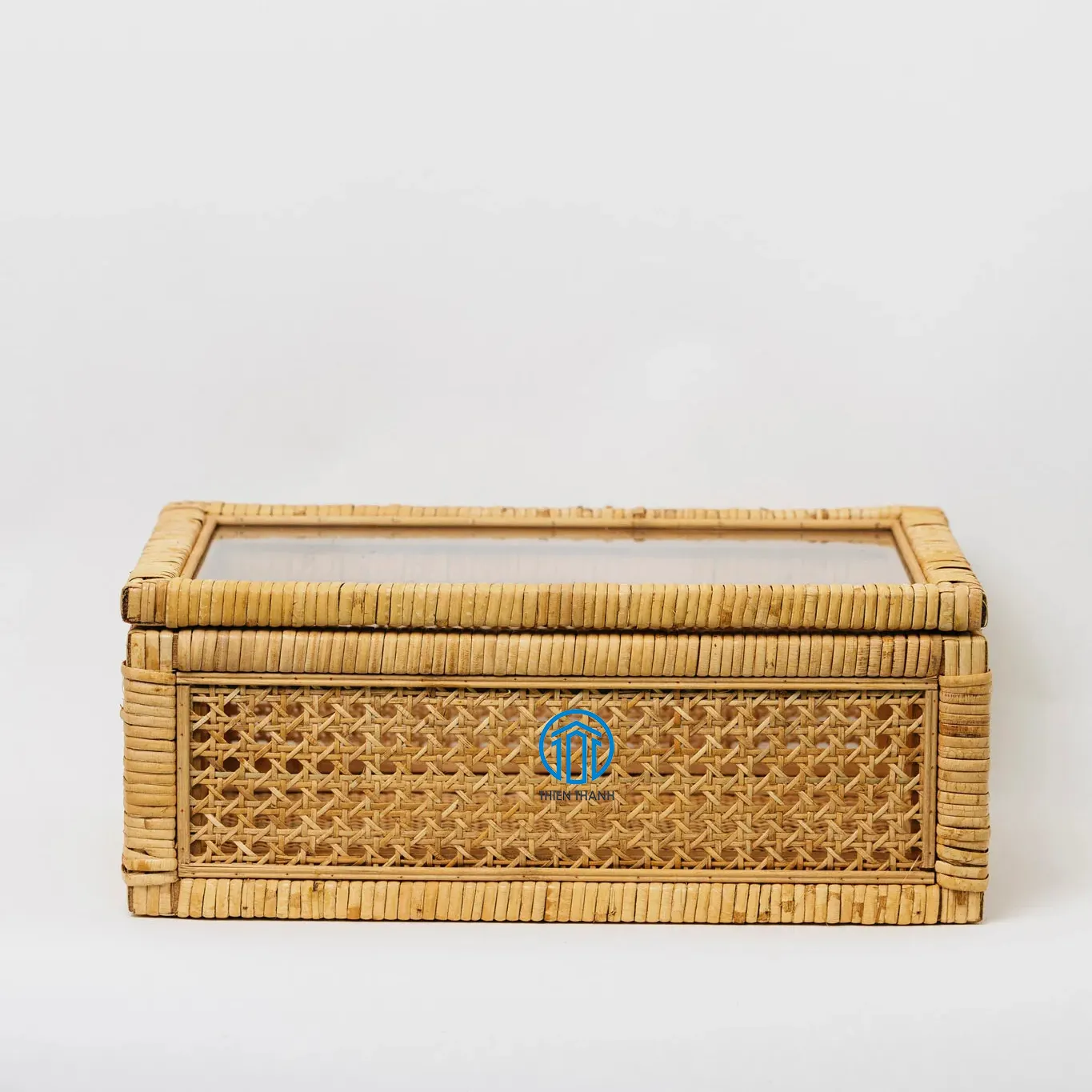 Minimal design top quality ancient look natural material natural color rectangular rattan box with glass lid