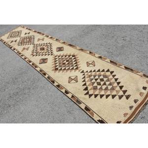 Alfombra de lana Kilim turca Vintage de 3x13,7 pies, tejido plano ecológico beige y marrón con patrón de retazos para adolescentes - Product Image 4