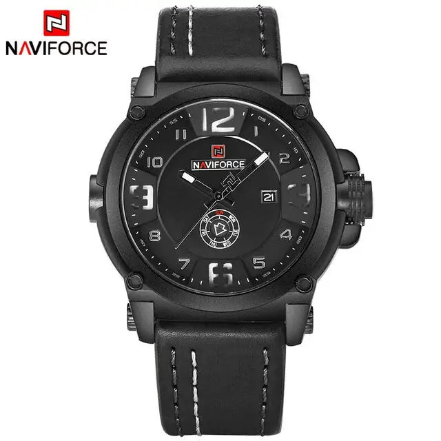 Naviforce 9099 Luxury Men Sports Quartz Watches 30M Waterproof Leather Band Wristwatch 3D Dial Creative Calendar Clock