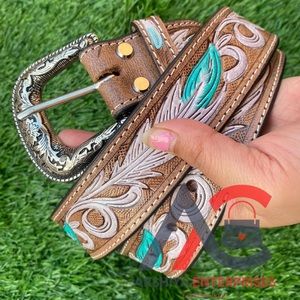 Cinturones florales pintados a mano y mecanizados a mano, cinturones unisex de cuero auténtico hechos a mano, novedad - Product Image 1