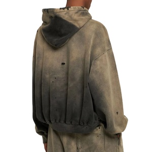 Tracksuit Men Vintage Cropped Zip Hoodie and Sweatpants Set <b>Distressed</b> Patch Embroidery Sun Faded Acid Wash Tracksuit - Product Image 2