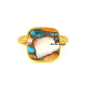 2025 Best Selling Women's Fine <b>Ring</b> 12mm Spiny Oyster Copper Turquoise <b>Cushion</b> 925 Sterling Solid Silver Eternity Vermeil Bezel - Product Image 4
