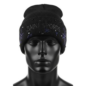 Bonnet pour homme en tissu côtelé premium 220 GSM, doux et chaud, noir, avec logo en strass thermocollé, bonnet jacquard - Product Image 1