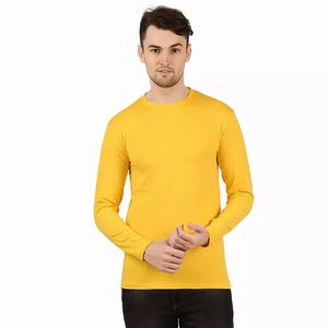 T-shirts en coton jaune uni à manches longues pour hommes et femmes, col rond unisexe, haut décontracté pour les commandes en gros - Product Image 6