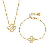 Ensemble collier pendentif trèfle à cinq feuilles en zircone complète, collier ras du cou ultra fin et délicat, bracelet en acier inoxydable, bijoux pour femmes