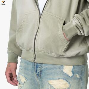 Sweat à capuche zippé d'hiver pour hommes de haute qualité 100% coton coupe ample conception de détresse décolorée au soleil - Product Image 3