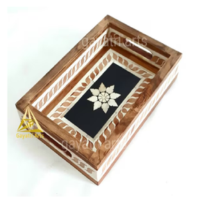 Plateau de service en bois rectangulaire fait à la main avec incrustation florale de feuilles blanches plateau d'incrustation d'os artistique de l'Inde prix de gros bon marché - Product Image 1
