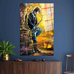 Impresión en lienzo de vidrio artístico con diseño de saxofón de jazz moderno - Decoración elegante para sala de música, arte en vidrio templado - Product Image 1