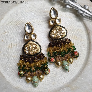 Pendientes de gota de novia Kundan de tono dorado vintage con diseño de cuentas étnicas de diamantes para boda estilo de gota de latón y aleación de zinc - Product Image 3