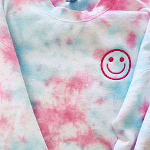 Smiley Face Embroidery Tie Dye Loose Oversized Long Sleeve Crewneck <b>Sweatshirts</b> Cotton Fleece <b>Yoga</b> Fitness <b>Sweatshirt</b> for Unisex - Product Image 3