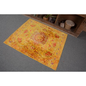 Turkish Vintage Rug, 3.37x3.9 ft Small Rug, <b>Yellow</b> Solid Rug - Product Image 3