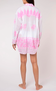 Collection de garde-robe pour femmes par temps plus chaud chemise blanche en rose néon Dhaka imprimé Boho Lady Instant Beach Style robe chemise dissimulée - Product Image 2