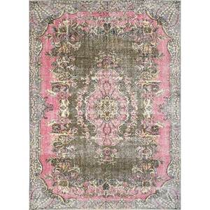 Tapis en laine verte vintage fait main, grand format, style bohème, motif rectangulaire abstrait pour entrée et couloir - Pae-1546 - Product Image 1