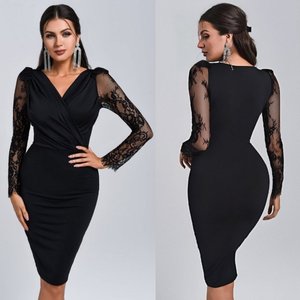 Robe courte en crêpe à manches longues et col drapé pour femme avec manches en tulle, 29948 - Noir - Product Image 1