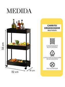 Carrito de almacenamiento, estante organizador cuadrangular de plástico, estante de 3 niveles, blanco y negro 0802 - Product Image 3