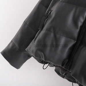 Manteau à capuche en cuir court avec fermeture éclair complète à manches longues Bomber Jackets Femme Casual Outdoor Winter Jackets - Product Image 5