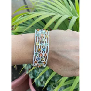 925 Silver Fine <b>Bangle</b> <b>Bracelet</b> with Multi-Sapphires - Product Image 2