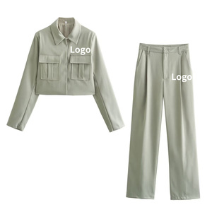 Femmes décontracté 2 pièces ensemble manteau poches revers <span class=keywords><strong>veste</strong></span> courte et taille haute costume pantalon pour les voyages en plein air travail quotidien - Product Image 1