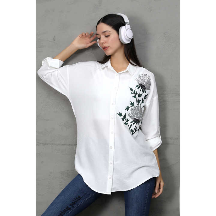 Flame Linen Low Sleeve Oversized Shirt with Sequined Floral Embroidery Epaulettes Available Sizes S-M-L-XL Including 4XL XS