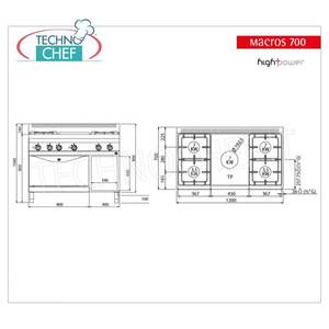 Cuisinière combinée avec plaque chauffante et 4 brûleurs sur four à gaz GN 2/1, Kw.35,8 - Product Image 2