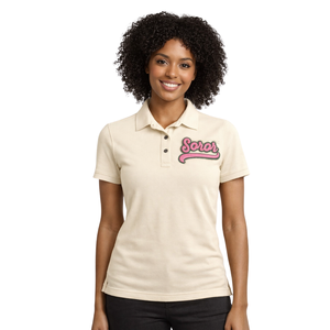 Camiseta Polo Soror de Color Marfil, Hermandad Griega, Rosa y Verde, Ropa Casual Elegante para Mujeres Universitarias - Product Image 1