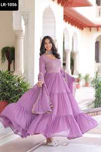 Robes Anarkali à manches longues de style indien pakistanais en faux georgette avec des paillettes et des broderies Zari avec bordure en dentelle Dupatta - Product Image 4