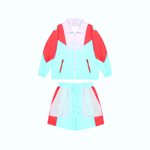 Chaqueta corta personalizada recortada conjunto cortavientos personalizado verano moda Color bloque lavado Casual pantalones cortos conjuntos mujeres - Product Image 1