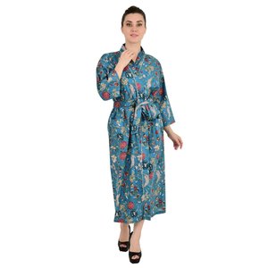 Boho Summer Luxury Cotton <b>Kimono</b> Hand-Printed Floral Rose Indian Robe Lightweight <b>Beach</b> Vacation Yacht House Robe - Product Image 3