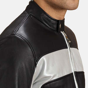 Randolf Reversible Vintage Biker <b>Jacket</b> in Silver Black <b>Sheepskin</b> Lambskin Zippered Water-Proof XS 6XL Sizes for Spring Autumn - Product Image 3