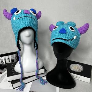 Gorro de Algodón Tejido a Crochet, Diseño Divertido de Dragón Azul, con Botones, Jacquard, Unisex, Cálido para Invierno, para Viajes, Ajustable - Product Image 1