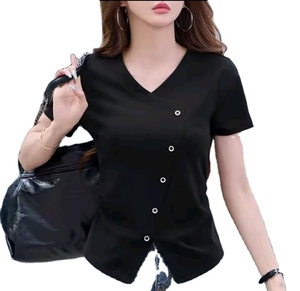 T-shirt à manches courtes et épaules droites, nouveau modèle pour femme, col en V croisé, couleur unie, ourlet irrégulier, taille cintrée - Product Image 2