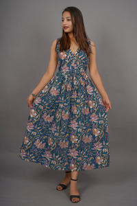 Robe maxi en coton imprimée à la main, motif floral, fabrication artisanale, saison été et automne, méthode de tissage non tissé - Product Image 5